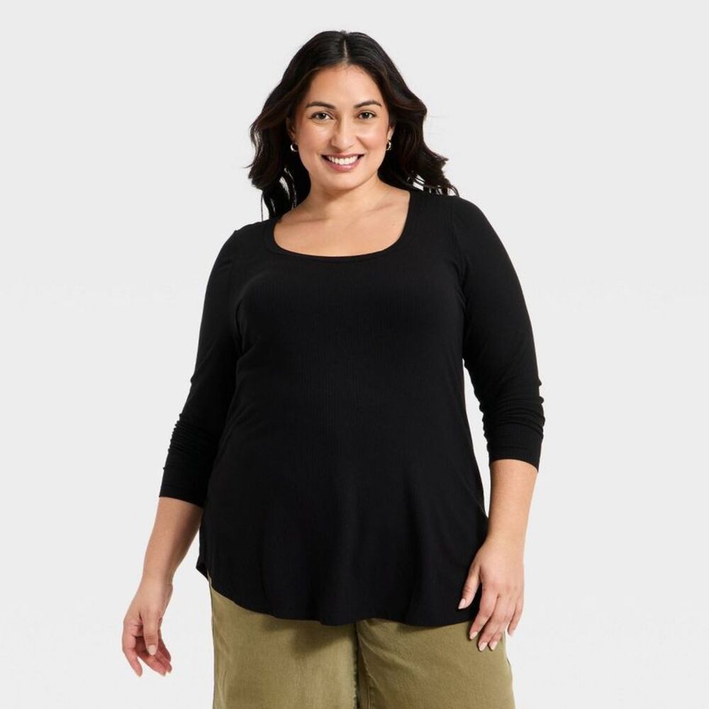 Women's Long Sleeve Knit Scoop Neck Tunic Top - Ava & Viv Black 1X